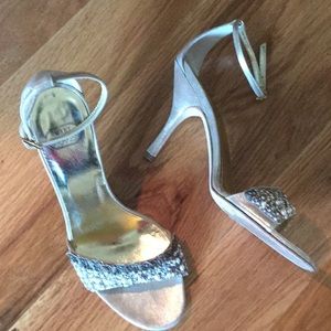 Mary Norton gold ankle strap heels with pearls